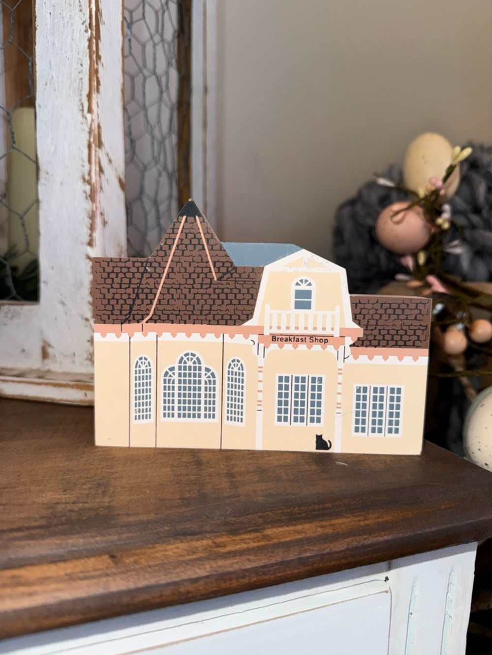 Breakfast Shop Decorative Wooden House Accent - Peach & Brown